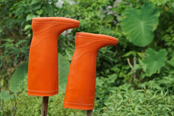 Two bright orange rubber boots drying upside down on wooden stakes in a lush garden. This image symbolizes proper care of gardening equipment to ensure cleanliness, durability, readiness for next use.