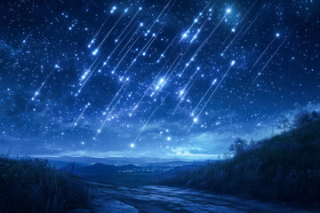 Blue shooting stars streak across dark mountains under faint city lights