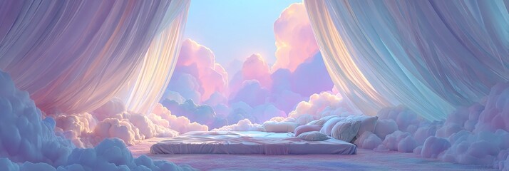 Un letto tra le nuvole soffici e colorate, un sogno etereo e pacifico in un paesaggio surreale.