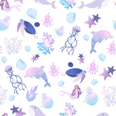 Naklejka premium Seamless pattern of purple ocean animals and seashells in watercolor style