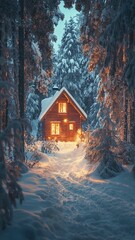 Winter Cabin in Snowy Forest