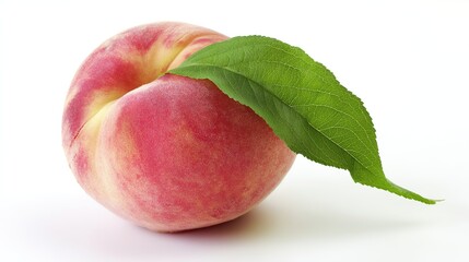 A fresh peach with a green leaf rests on a clean white surface, highlighting simplicity and natural beauty.