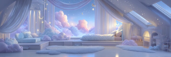 Camera da letto onirica con nuvole soffici e cielo stellato, un rifugio di pace e serenit&agrave;.