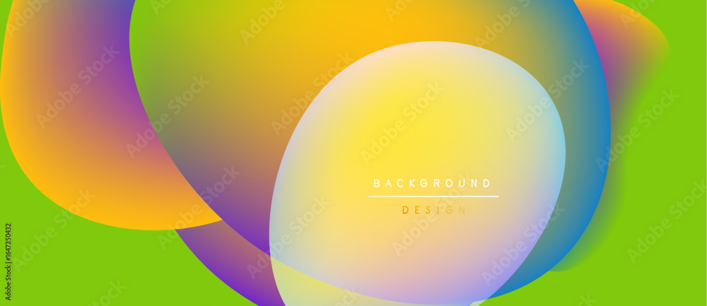 Poster abstract colorful shapes overlap vibrant green backdrop. smooth gradients create modern visual effec