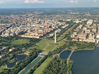 Aerial view of the National Mall in Washington, DC, featuring the Washington Monument, Capitol Building, World War II Memorial, and Reflecting Pool.
