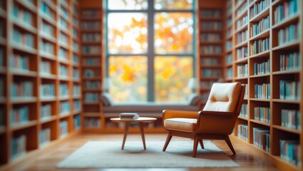 A cozy reading nook with a comfortable armchair and a small table inside a library with tall bookshelves near a window showing autumn leaves.