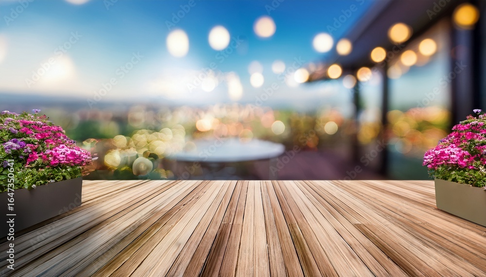Poster 3d render of terrace with flowers and bokeh background zoom office background