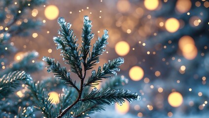 Frosted fir branch with glowing bokeh lights and falling snow, a magical winter Christmas holiday background.