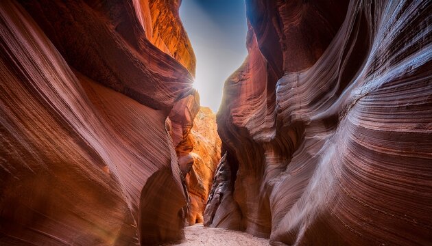 a breathtaking view of a deep narrow canyon with layered rock formations illuminated by a beam of light from above