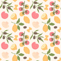Summer Seamless Pattern with Lemons, Olives, Tomatoes, Pasta, and Seashells. Hand Drawn Vector Illustration on Light Background