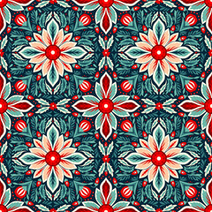 Colorful geometric seamless pattern with red and blue floral kaleidoscope shapes