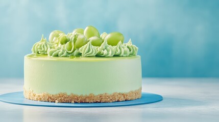 A delightful green cake with fresh grapes and creamy topping, ready to enjoy.