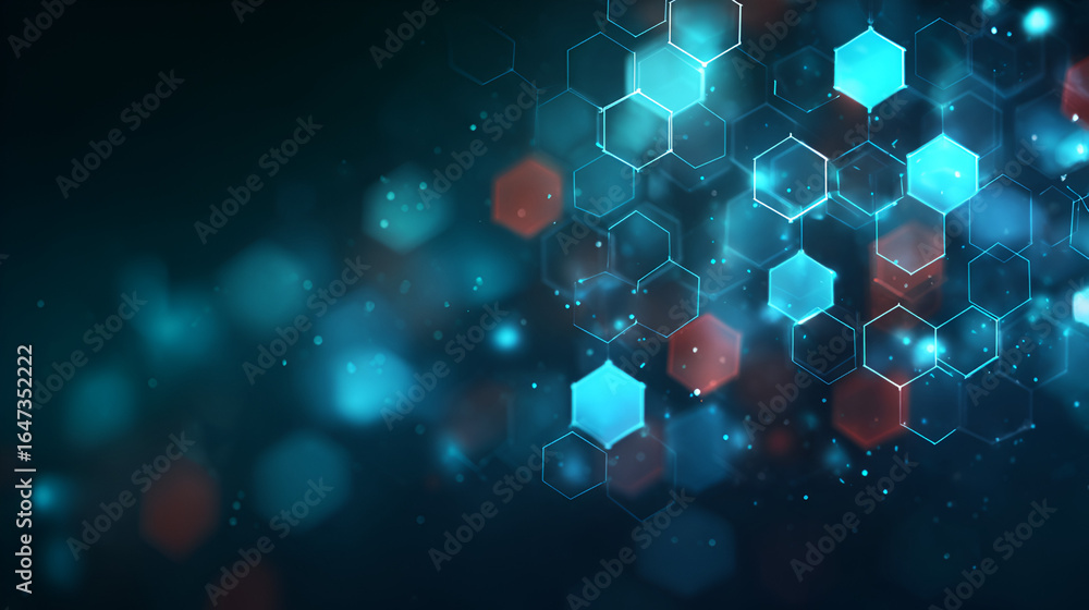 Poster glowing blue and red hexagons connected by lines float on a dark background