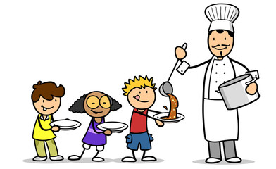 Cartoon Koch schenkt Kindern in Kindergarten Mittagessen aus