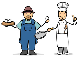 Cartoon Koch kauft Bio Eier vom regionalen Bauer