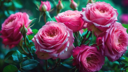 Obraz premium Cluster of pink roses with green leaves, blooming beautifully in a garden setting.