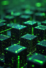 A green computer motherboard featuring various electronic components, including a microchip and processor, is shown in a detailed macro closeup