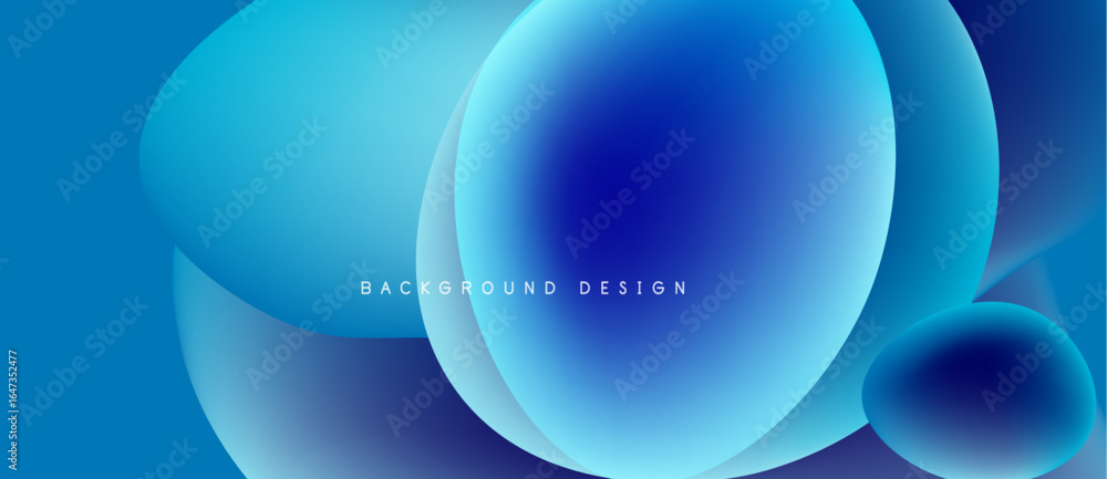 Poster abstract blue shapes overlap, creating fluid dynamic background. gradient colors suggest depth, mode