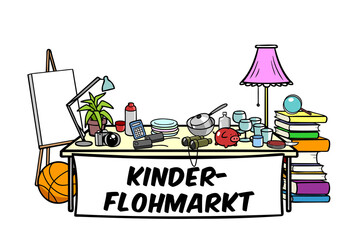 Einladung für Kinderflohmarkt mit Trödel auf Tisch
