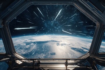 Naklejka premium Spaceship Window View: Earth, Stars, and Hyperspace Jump Effect