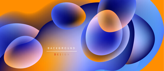 Abstract fluid shapes blend orange, blue hues. Dynamic composition creates modern background design. Smooth gradients offer visual interest.