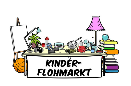 Einladung f&uuml;r Kinderflohmarkt mit Tr&ouml;del auf Tisch