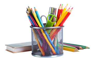metal pencil holder with school supplies isolated on white background PNG. GENERATIVE AI