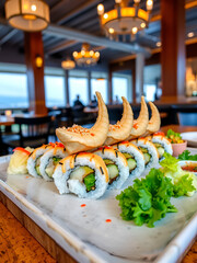 Geoduck sushi platter coastal restaurant culinary art vibrant setting aesthetic presentation