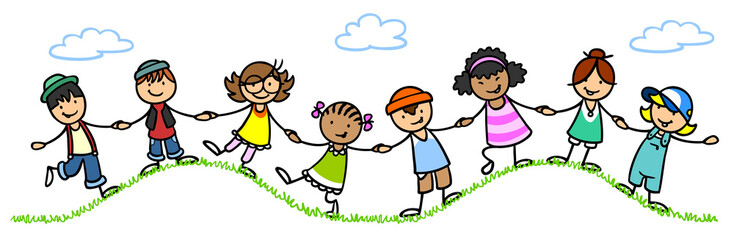 Gruppe Cartoon Kinder halten Hände auf Hügel in Natur