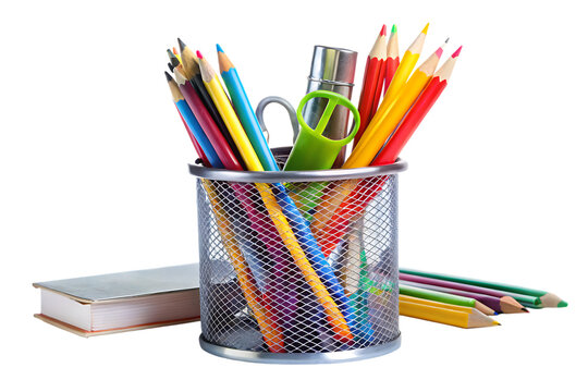 metal pencil holder with school supplies isolated on white background PNG. GENERATIVE AI