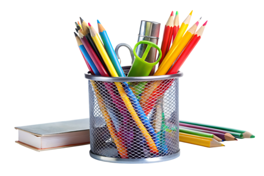 metal pencil holder with school supplies isolated on white background PNG. GENERATIVE AI