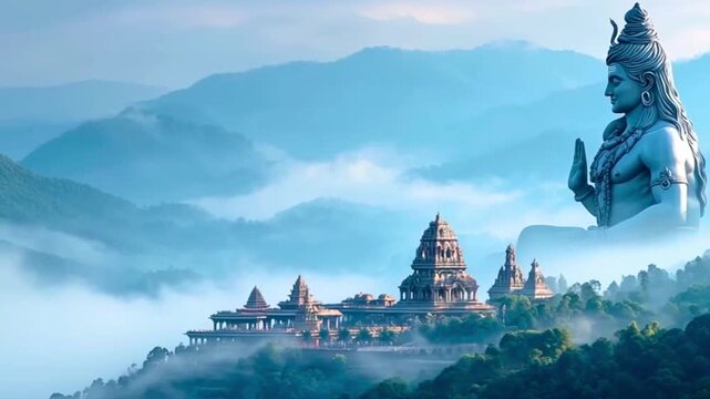 shiva statue, temple and gorgeous landscape with high mountain covered in mist; blue color scheme; copy space