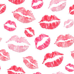 Pink lipstick kiss print seamless pattern on white background