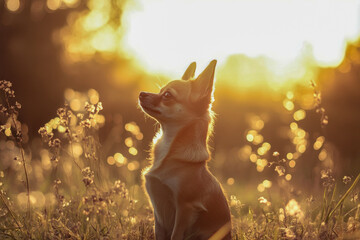 A tan Chihuahua dog sits in a grassy field. Small white wildflowers are scattered throughout the frame. Warm golden light shines from behind the dog