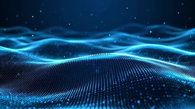 Abstract futuristic technology background with a flowing digital wave of glowing blue particles on a dark surface.