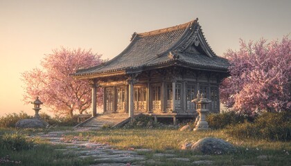Obraz premium 桜の咲く伝統的な日本の寺院