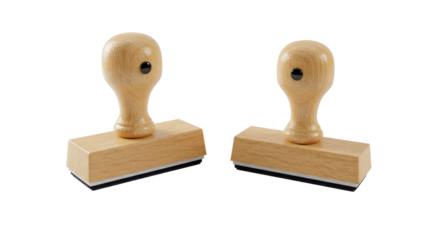 Pristine wooden rectangular & round rubber stamps on transparent with strong shadows. Professional still life. Concept of official validation.