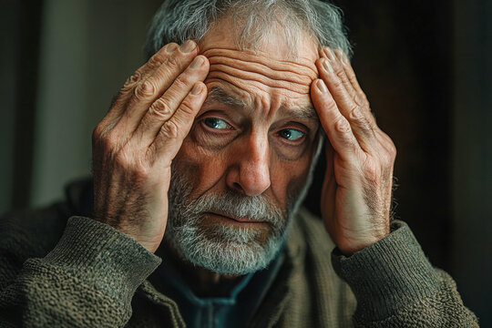 A worried older man, with gray hair and a beard, is holding his head with both hands, looking troubled. He appears to be suffering from a headache