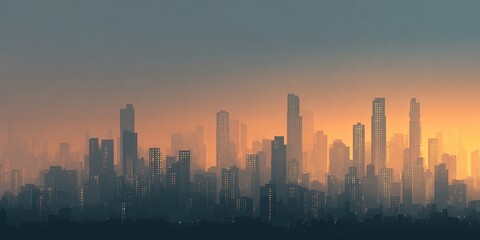 Silhouette di una metropoli moderna con grattacieli al tramonto, atmosfera urbana