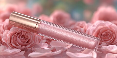 Lucidalabbra rosa scintillante con rose rosa e petali, un'elegante composizione cosmetica.