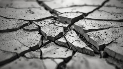 Cracked concrete surface with deep fissures and broken pieces. Crushing and damage concept. Structural failure and deterioration. The image of surface damage and cracking.