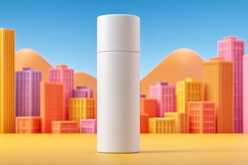 Contenitore bianco minimalista in primo piano con skyline di citt&agrave; stilizzata colorata sullo sfondo.