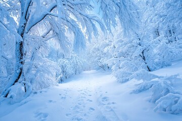 Sentiero innevato in un bosco ghiacciato con alberi coperti di neve e impronte nel percorso.