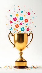 Social network success cup with colorful icon decorations high resolution picture