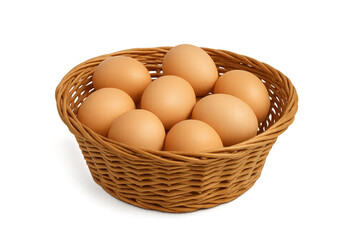 Wicker basket overflowing with fresh brown eggs on transparent background