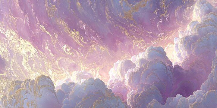 Vettore di nuvole soffici e colorate con sfumature rosa e dorate, atmosfera eterea e sognante.