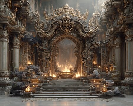 Cyber-temple altar activated by AI holograms during dusk in metallic tones