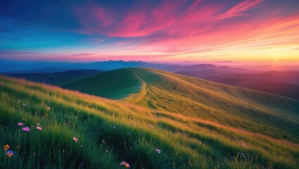 Vivid sunset over rolling green hills with pink and purple sky, landscape scene with lush grass and flowers, serene natural environment at dusk.