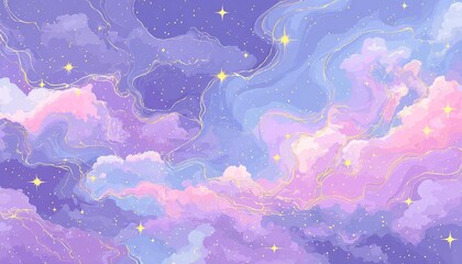 Nuvole soffici e scintillanti in tonalit&agrave; pastello viola e rosa, con stelle dorate, uno sfondo etereo.