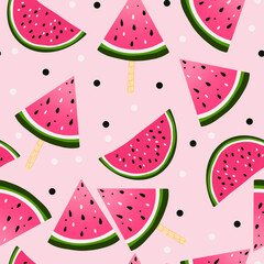 Seamless watermelon slice pattern on blue background